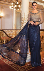 Maria.B Mbroidered cobalt blue saree