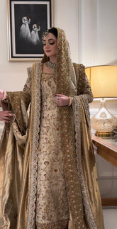 Haris Shakeel inspired ivory gold Maharani bridal formal dress Pakistani designer inspired Nikah outfit