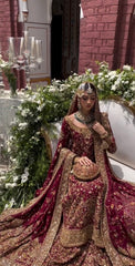 Luxury maroon Pakistani bridal dress inspired by Haris Shakeel Ishq Series