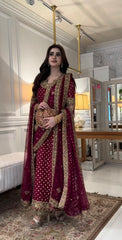 Haris Shakeel inspired deep red shalwar kameez available with worldwide shipping