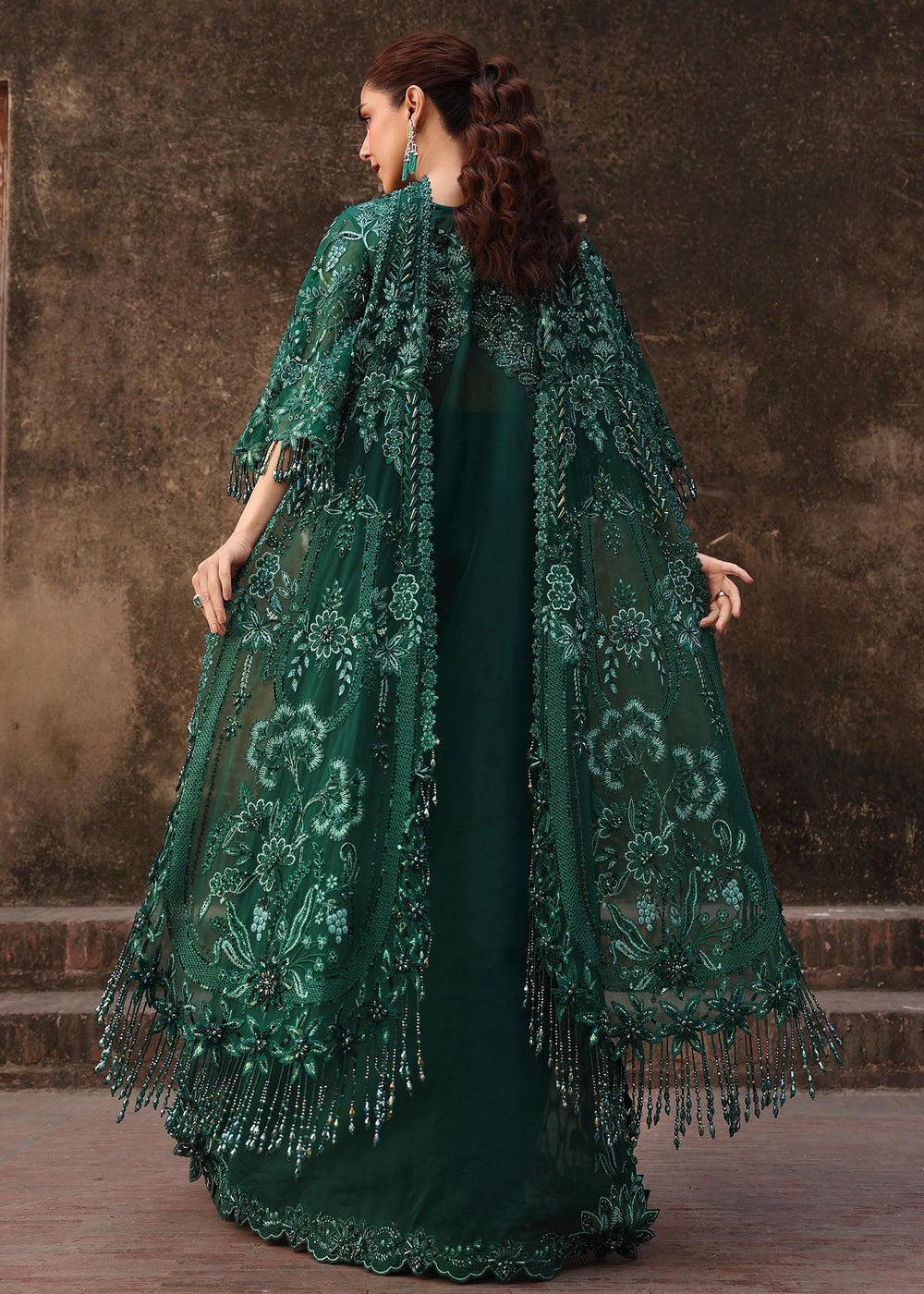 Crimson Zamard sheer embroidered jacket with fringed edges
